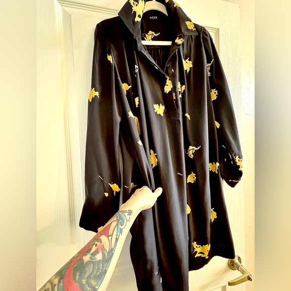OTTE New York Luxury Black and Gold Leaf Splatter Shirt Dress with Pockets Sz M - Picture 5 of 12
